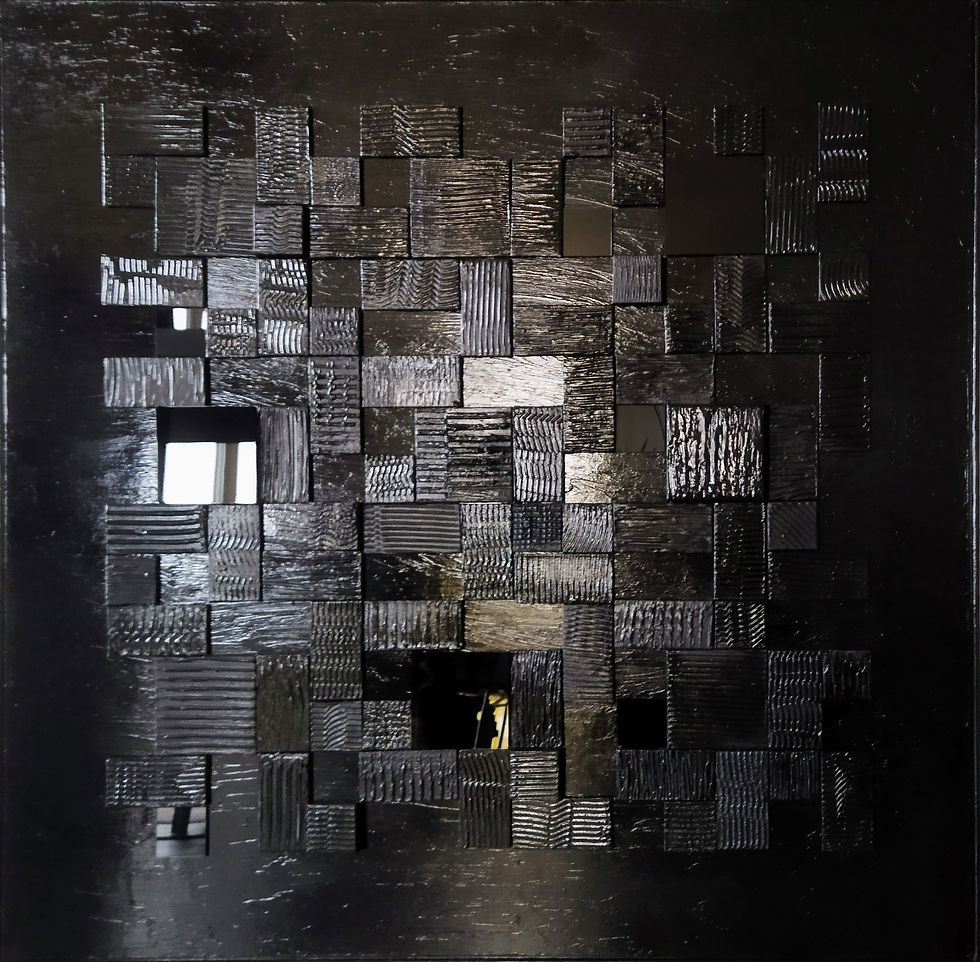 Tableau abstrait noir composé d'un assemblage de petites toiles enduites et peintes en noirs.