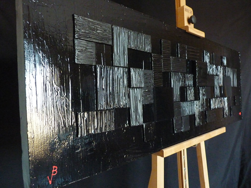 Tableau abstrait composé d'un collage de toiles carrées et enduites peintes en noir.