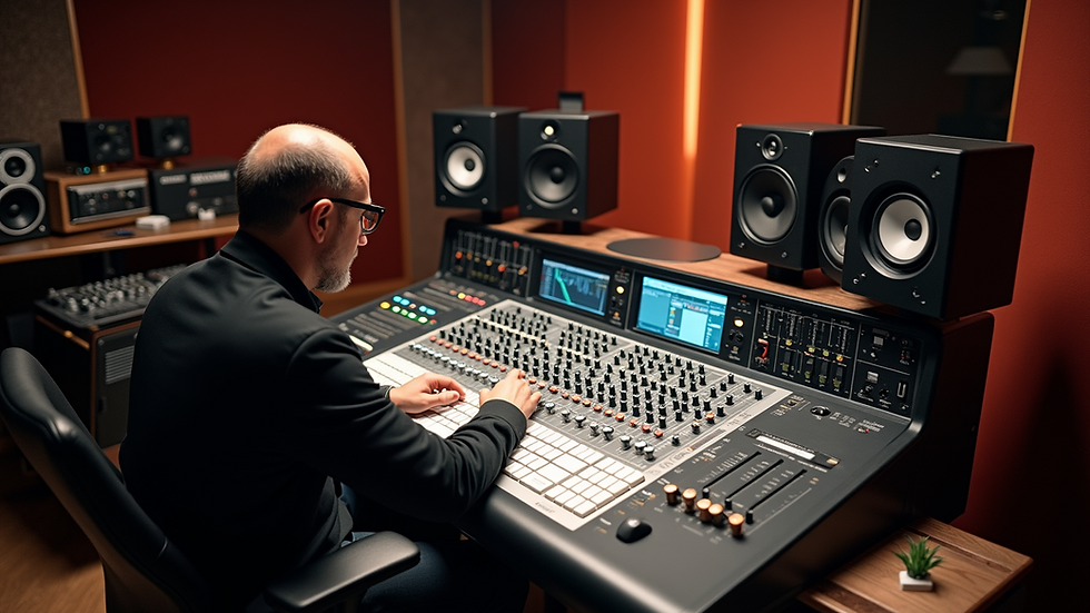 High angle view of a sound engineer working at a studio mixing desk