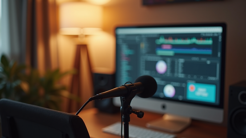 Close-up view of a home studio setup with microphone and computer