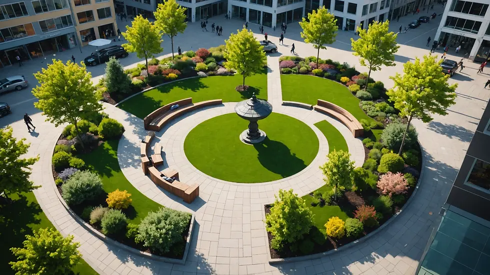 High angle view of an artistic public space designed for relaxation and interaction