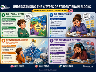 My Mindful Class infographic for K-12 teachers explaining four common cognitive blocks in students and how to identify and solve student motivation barriers like analysis paralysis and sensory overload.