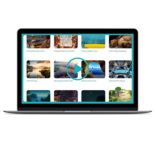 My Mindful Class Calm Space Video Library interface showing a variety of virtual calming environments for students, including nature scenes, fantasy worlds, and soothing animations for emotional regulation and classroom mindfulness.