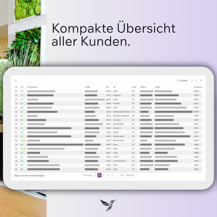 Tabellarische Kundenübersicht im YURAYA CRM mit Spalten für Firmenname, Adresse, Ort und Kundennummer.