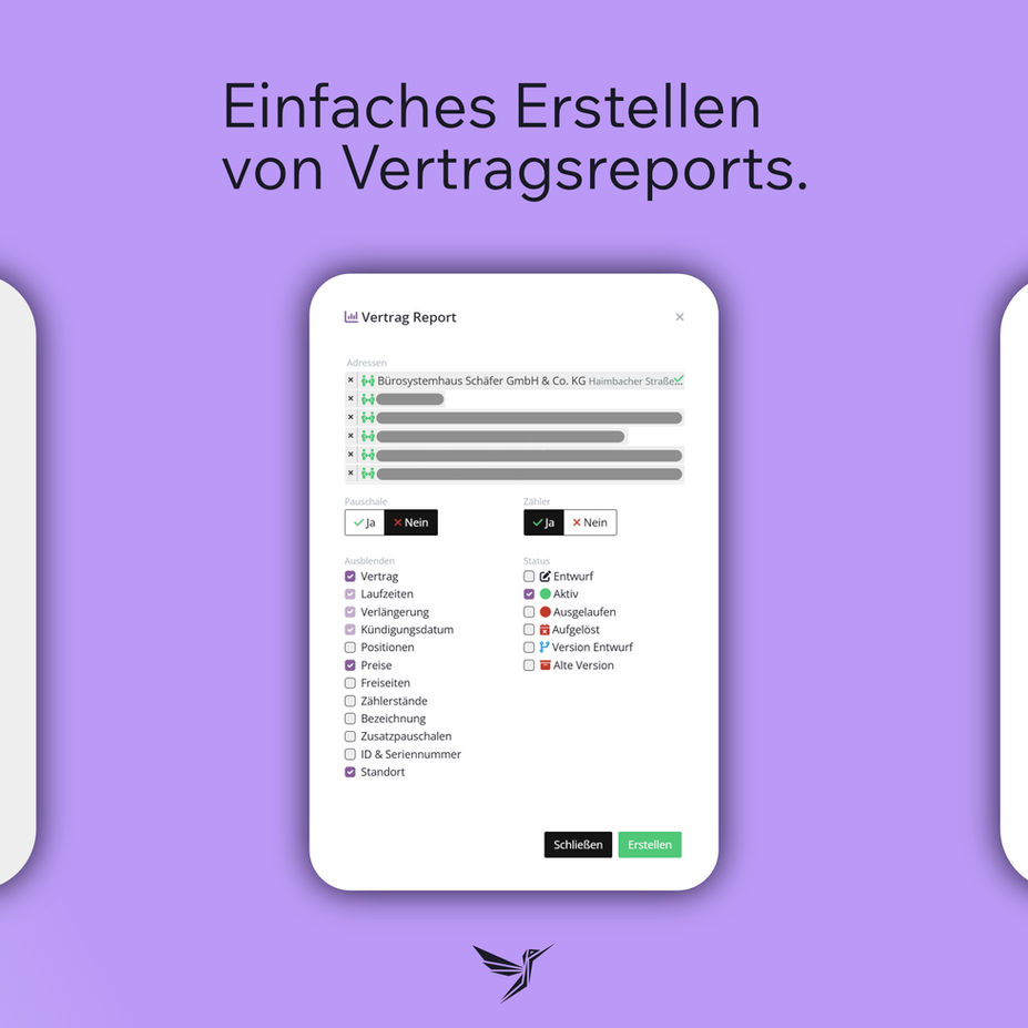 Dialogfenster zum Erstellen eines Vertragsberichts in der YURAYA Software mit zahlreichen Checkboxen für Filteroptionen und anzuzeigende Spalten.