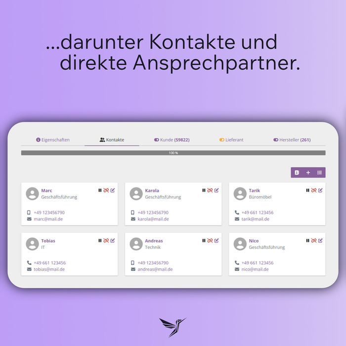 Kachelansicht von verschiedenen Ansprechpartnern im YURAYA Kundenmodul mit Namen, Funktionen und Kontaktdaten.