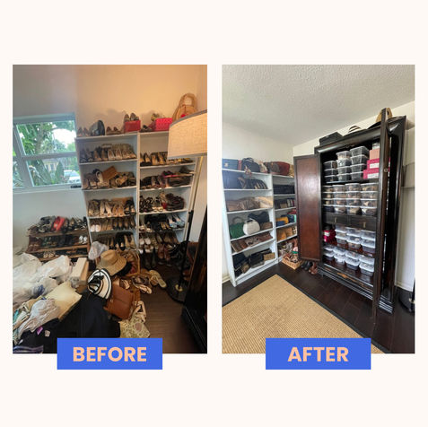 Before and after of a shoe and handbag storage room in Orlando showing shelves overflowing with accessories transformed into neatly organized shoe bins and categorized handbag storage.