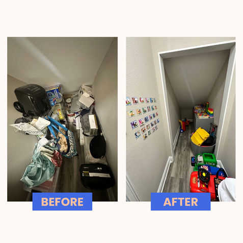 Before and after of an under-stair storage area in Orlando showing a cluttered space transformed into an organized toy storage zone with clear floor space.