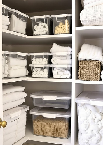 organized linen closet with clear bins.jpg