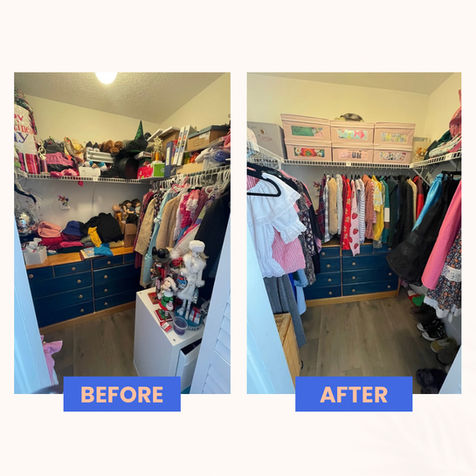 Before and after image of a kids closet showing a cluttered space with clothes and items piled on shelves transformed into a tidy organized closet with labeled bins and neatly arranged clothing.