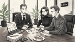 Ein Team analysiert gemeinsam im Büro die aktuellen Vertriebsstatistiken und bespricht den Verlauf des Verkaufstrichters.