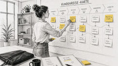 Hände kleben Haftnotizen auf eine Customer-Journey-Karte