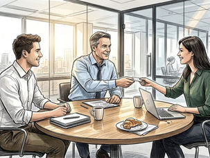 Vertriebsleiter tauschen am Tisch Visitenkarten aus.