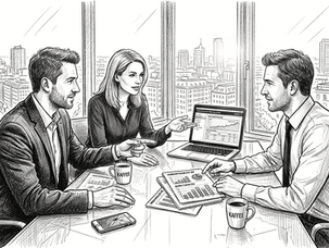 Besprechung des B2B-Teams im Eckbüro