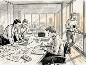 Das B2B-Team bespricht sich gemeinsam im Büro.