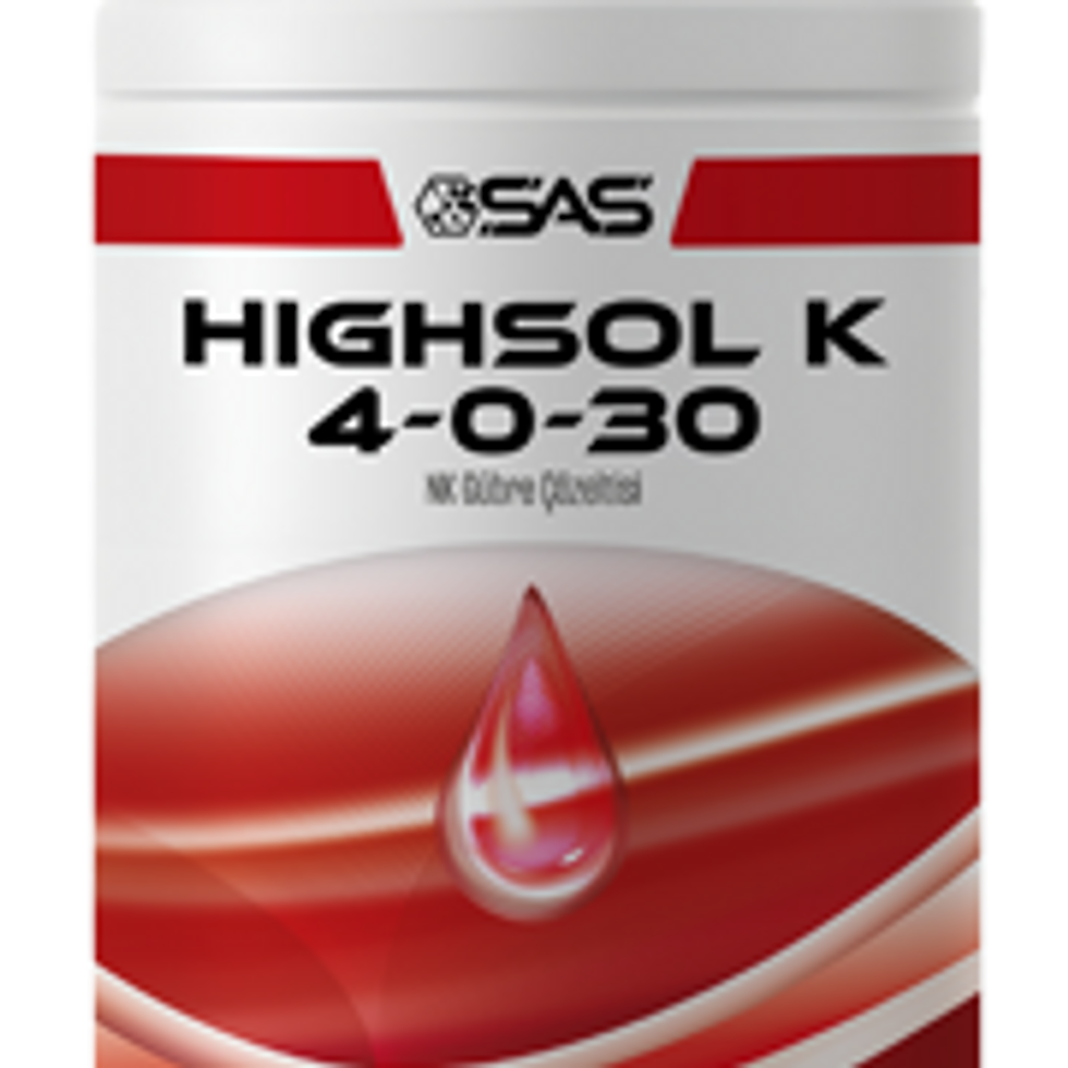 A bottle of SAS Agro's Highsol-K liquid fertilizer solution.