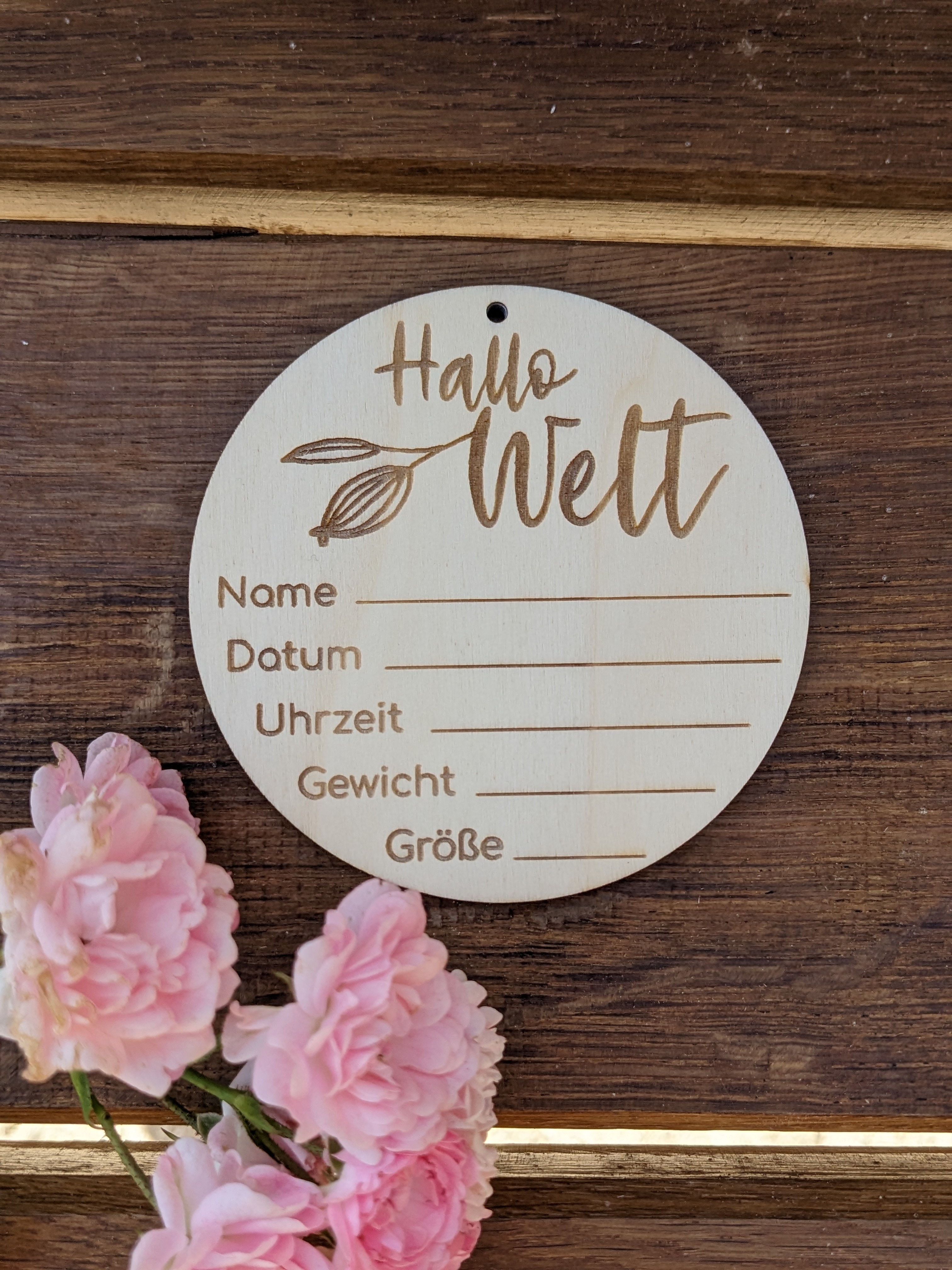 Holzscheibe Hallo Welt