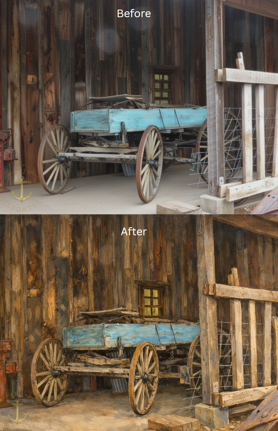 Top photo is my original photo, bottom is AI assisted. This is the cover images for The Sunstone Path. 