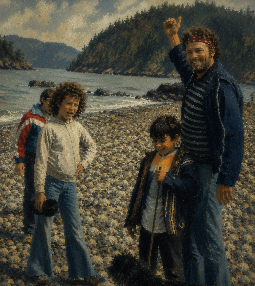 Stylized photograph of a family exploring a rocky Pacific Northwest shoreline.