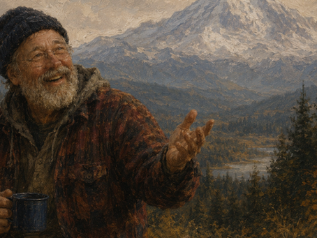 Stylized portrait inspired by a Pacific Northwest outdoorsman overlooking the mountains of Washington state.