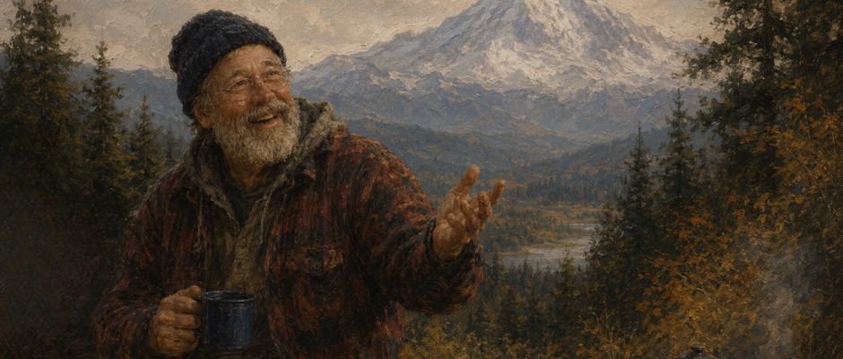 Stylized portrait inspired by a Pacific Northwest outdoorsman overlooking the mountains of Washington state.