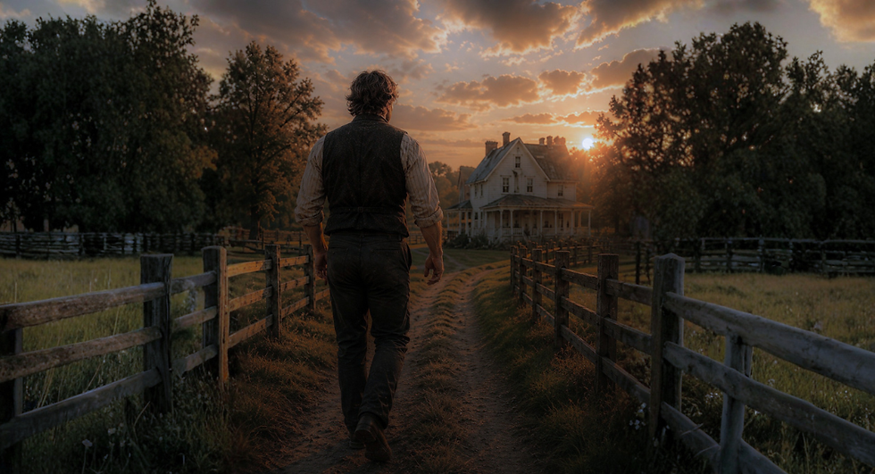 A nineteenth-century Norwegian farmer walks down a dirt lane toward a white farmhouse at sunset, framed by split-rail fences and golden evening light.