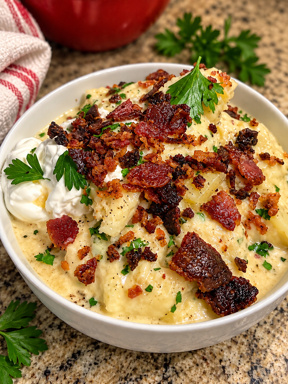 Bowl of creamy homemade Knoephla soup topped with crispy bacon, fresh parsley, and a dollop of sour cream.