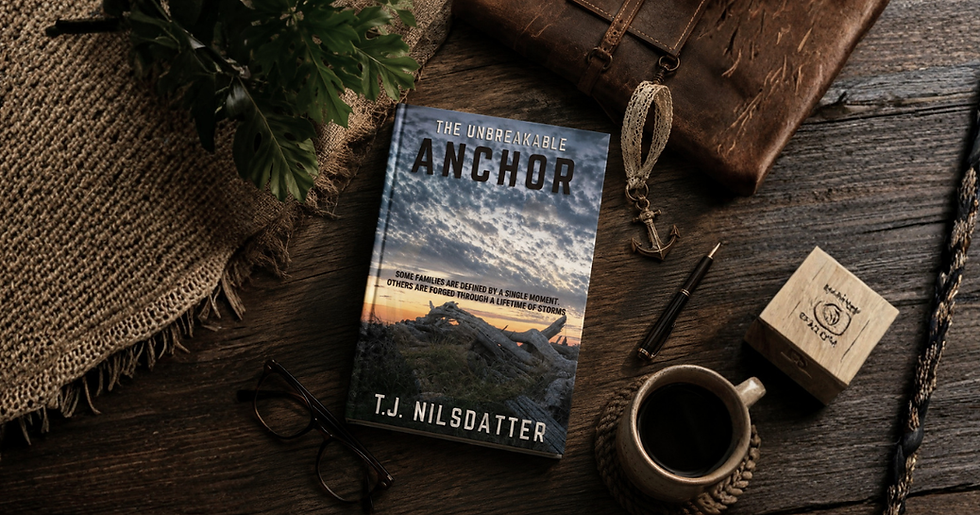 The Unbreakable Anchor memoir by TJ Nilsdatter displayed with vintage family photographs and keepsakes.