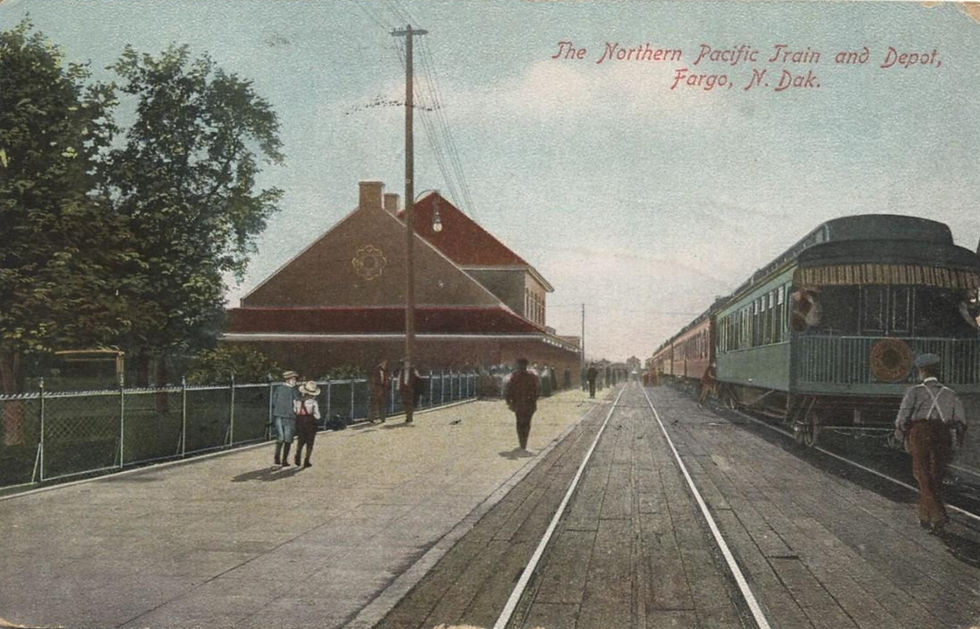 • Vintage postcard of passengers on the platform at the Northern Pacific Railway Station in Fargo, North Dakota.