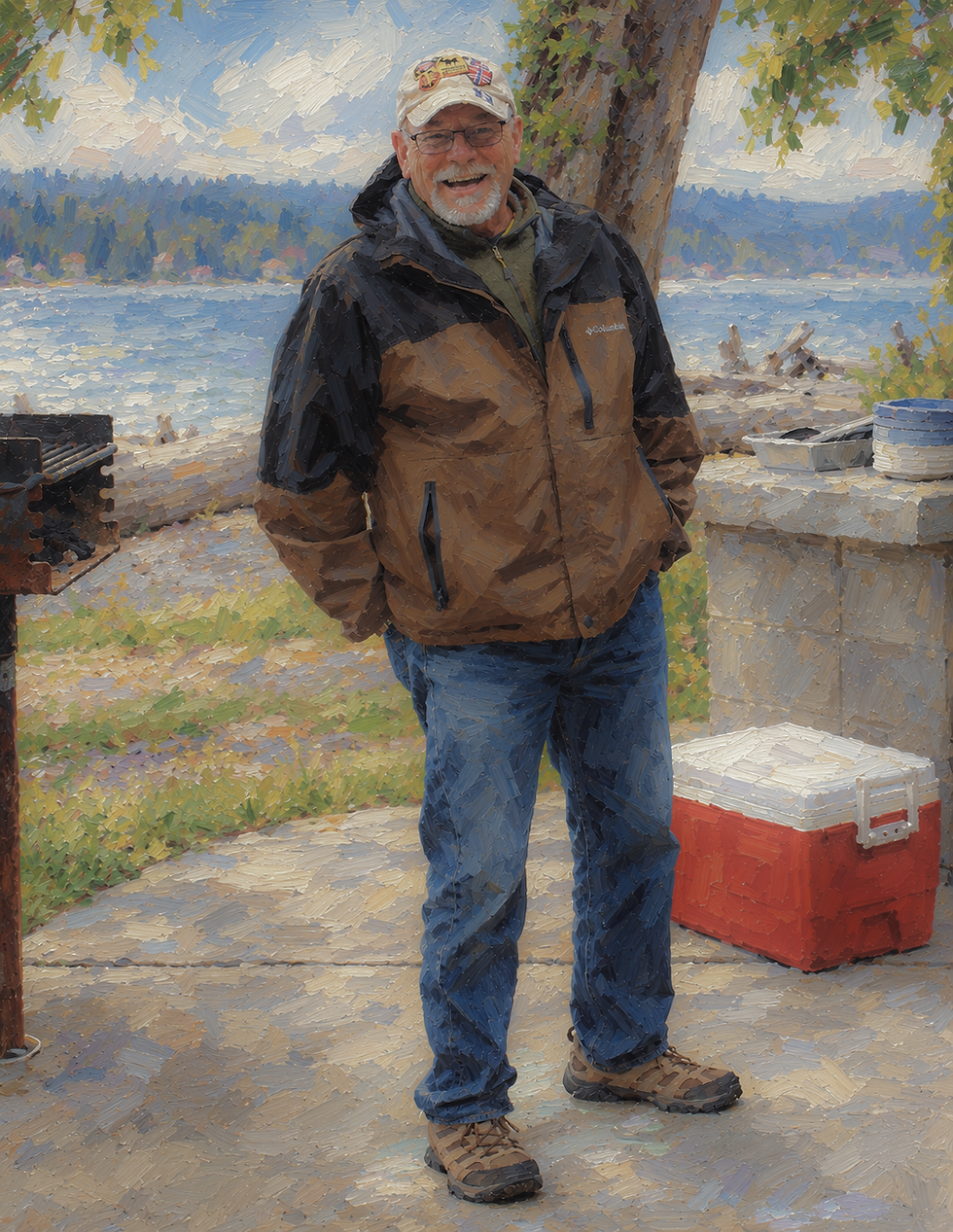 Painterly digital illustration of Uncle Dean smiling beside a lakeside picnic area, wearing a baseball cap, brown jacket, and jeans, with trees and water in the background.