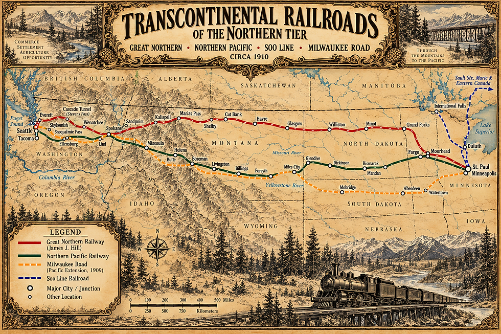 Historical 1910 map showing the four major Northern Tier transcontinental railroad lines from Minnesota to Washington state.
