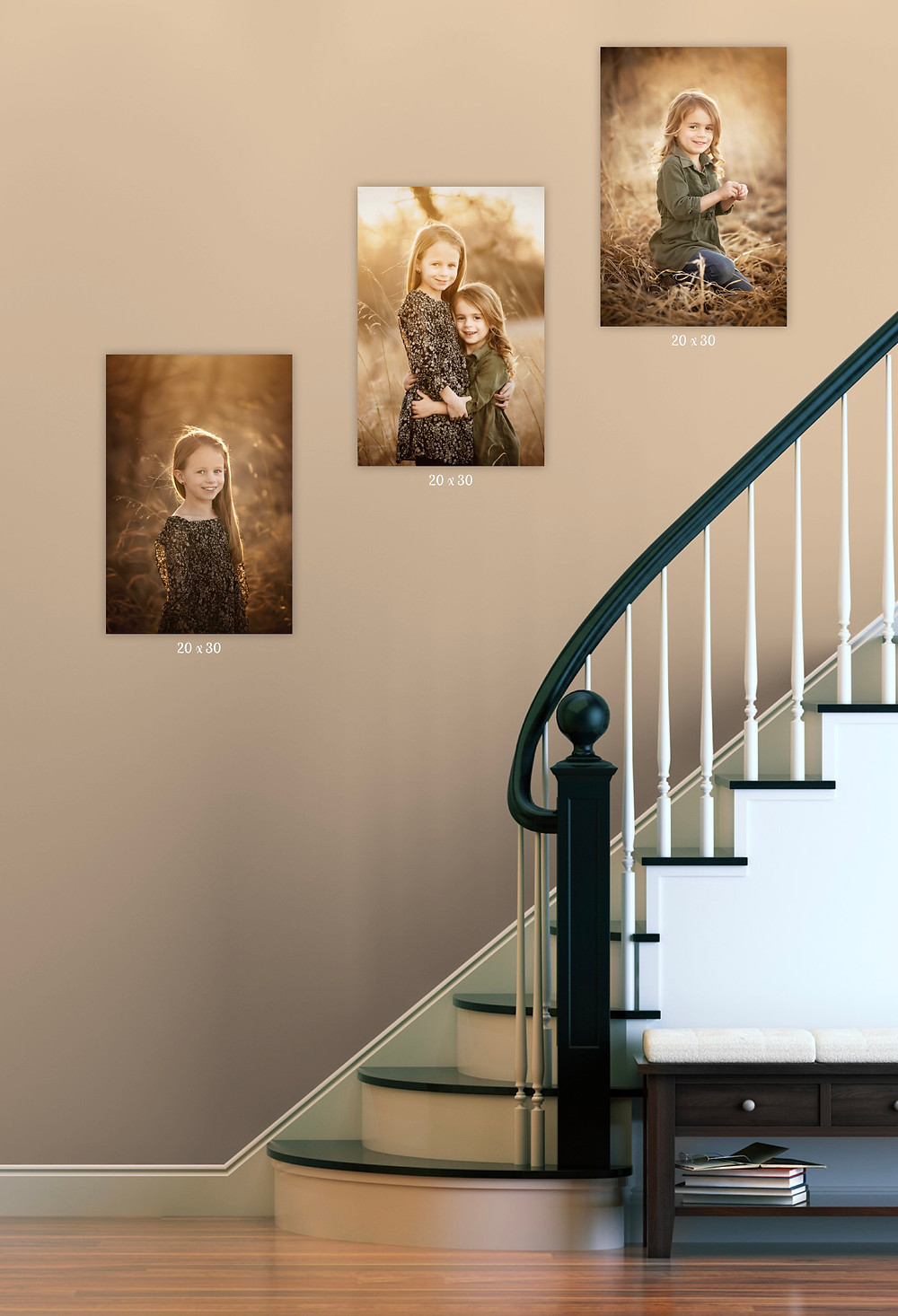 three fine art canvases mounted in stairwell in Gretna, ne