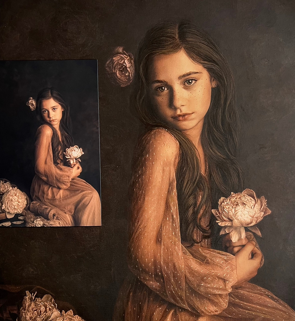 detail image of hand embellished canvas fine art portrait of a young girl with peony flowers