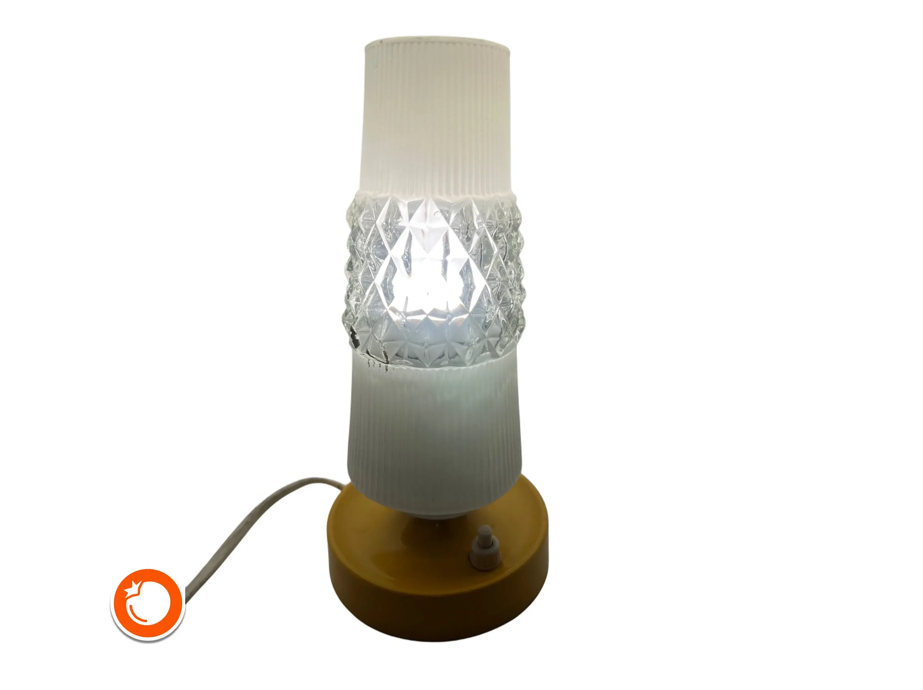 1960er Nachttischlampe Glas Plastik gelb-weiß mit neuer 3W LED Tischleuchte 24c