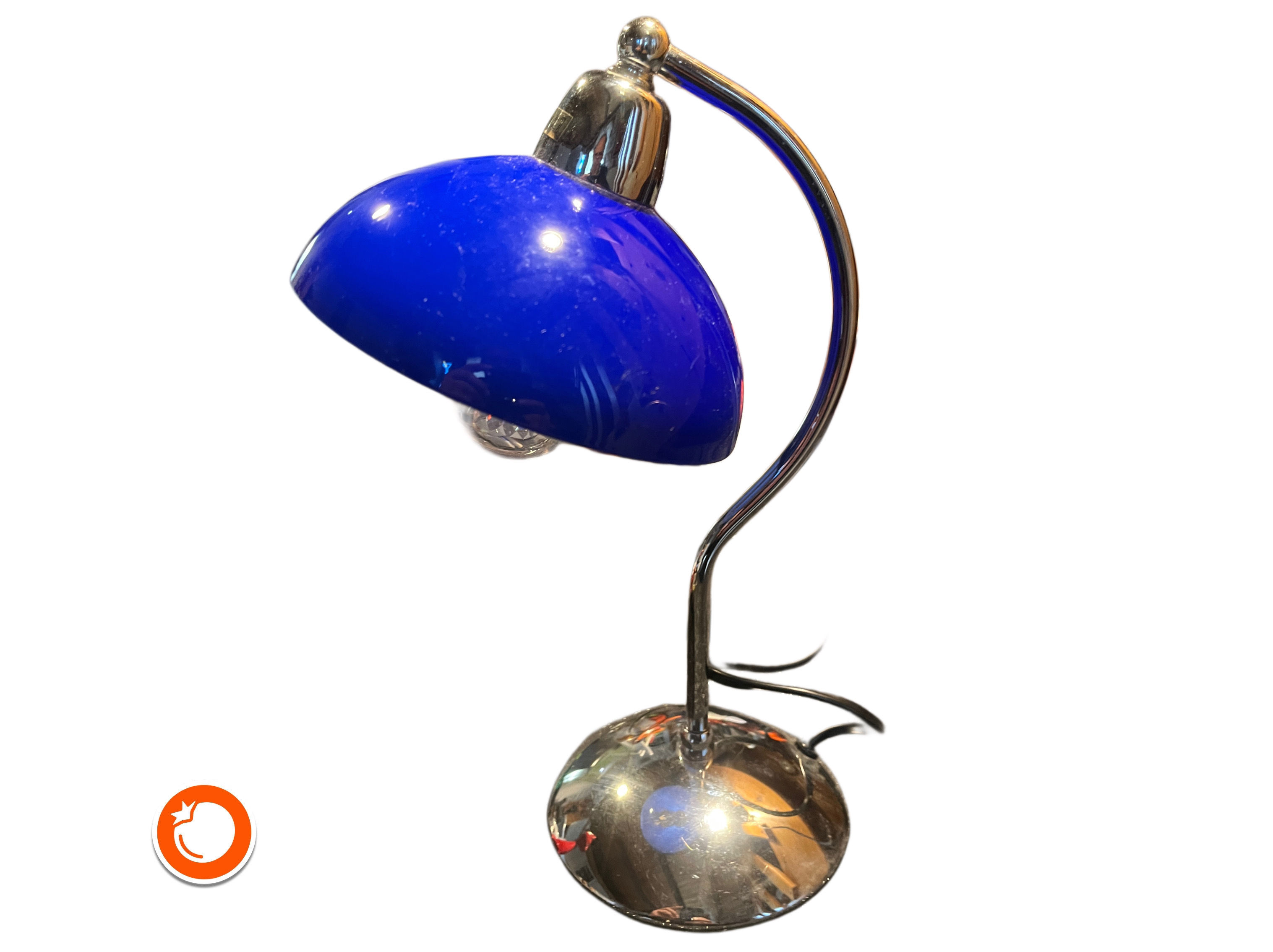 1990er hochwertige Tischlampe Art Deco Bankerlampe, blaues Glas