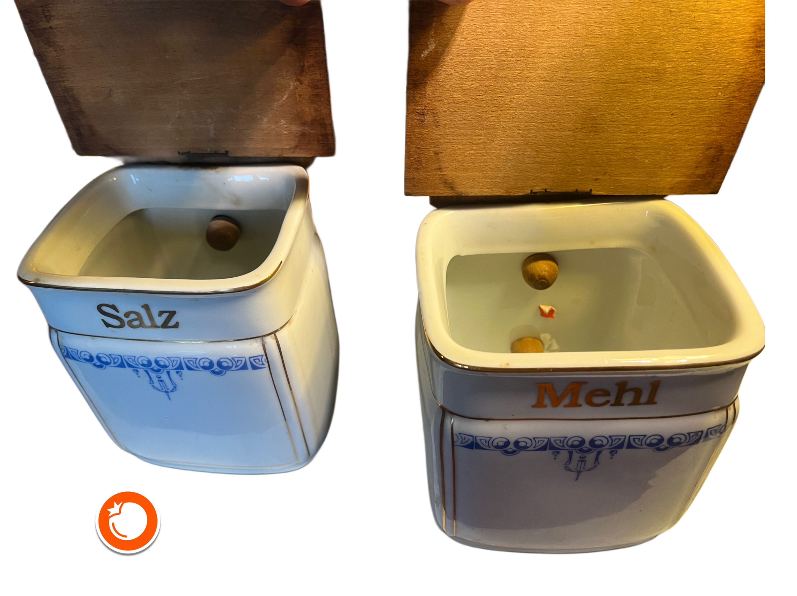 1900er 2 Antike Porzellan Vorratsbehältern zum aufhängen oder stellen