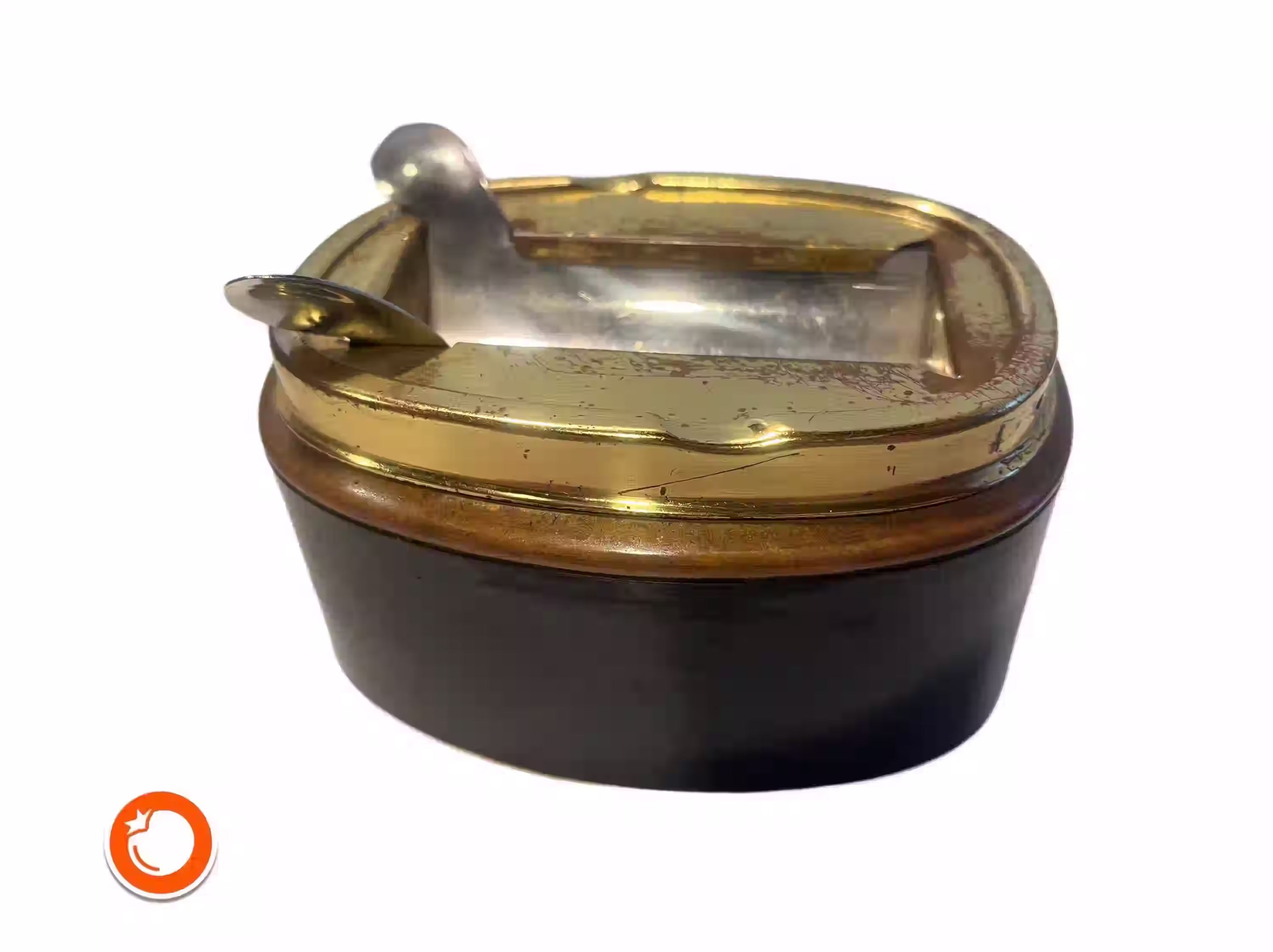 1930er Art Deco Aschenbecher Metall mit Messingmontur Leder Germany WP03