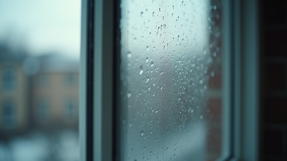 Close-up view of a double glazed window with condensation between panes