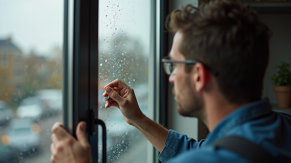 Eye-level view of a glazier repairing a window pane