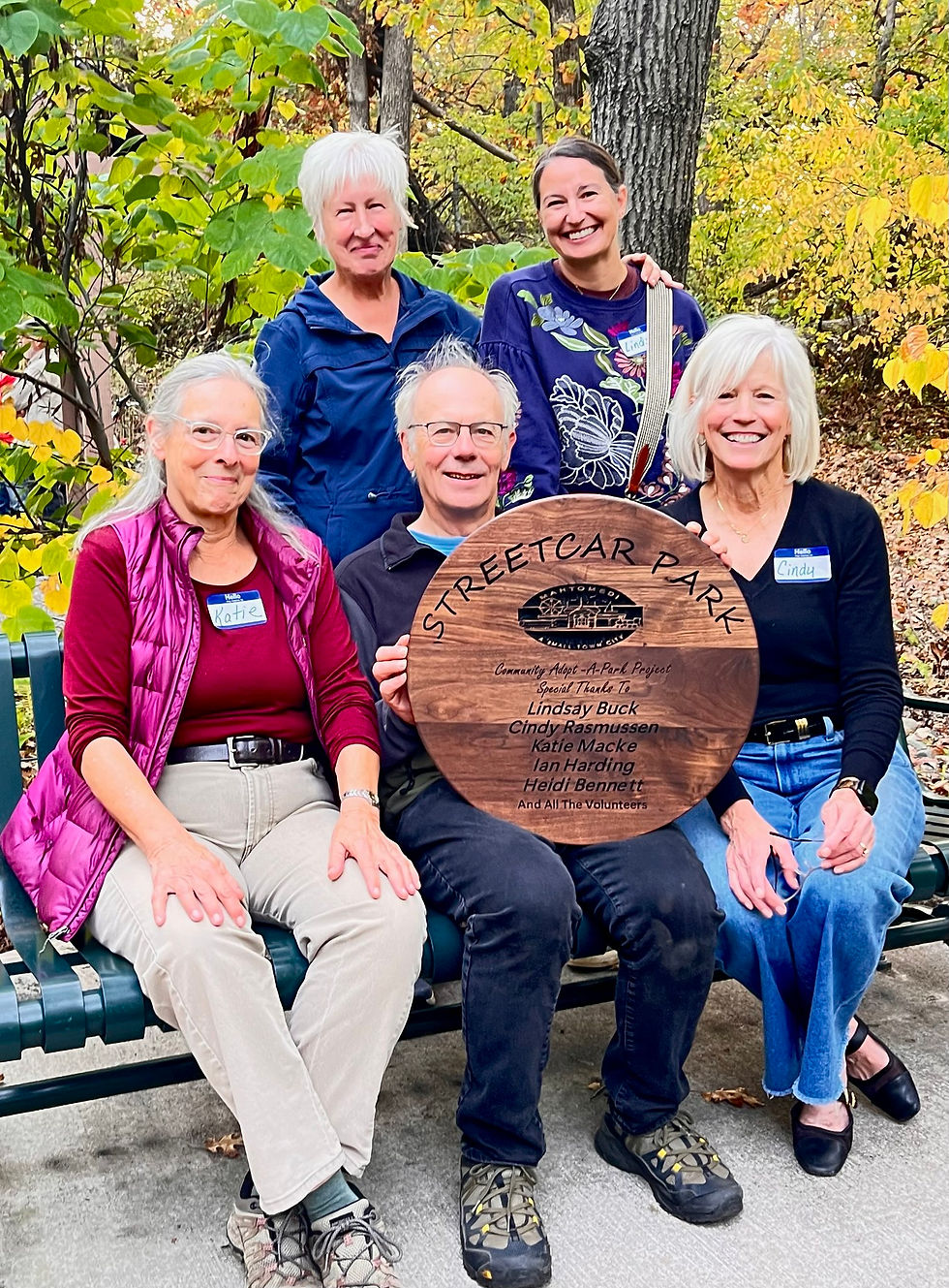The City of Mahtomedi presented Katie Macke, Ian Harding, Cindy Rasmussen (front); Heidi Bennett and Lindsay Buck (back); and "all the volunteers" with a handcrafted plaque acknowledging their contributions.