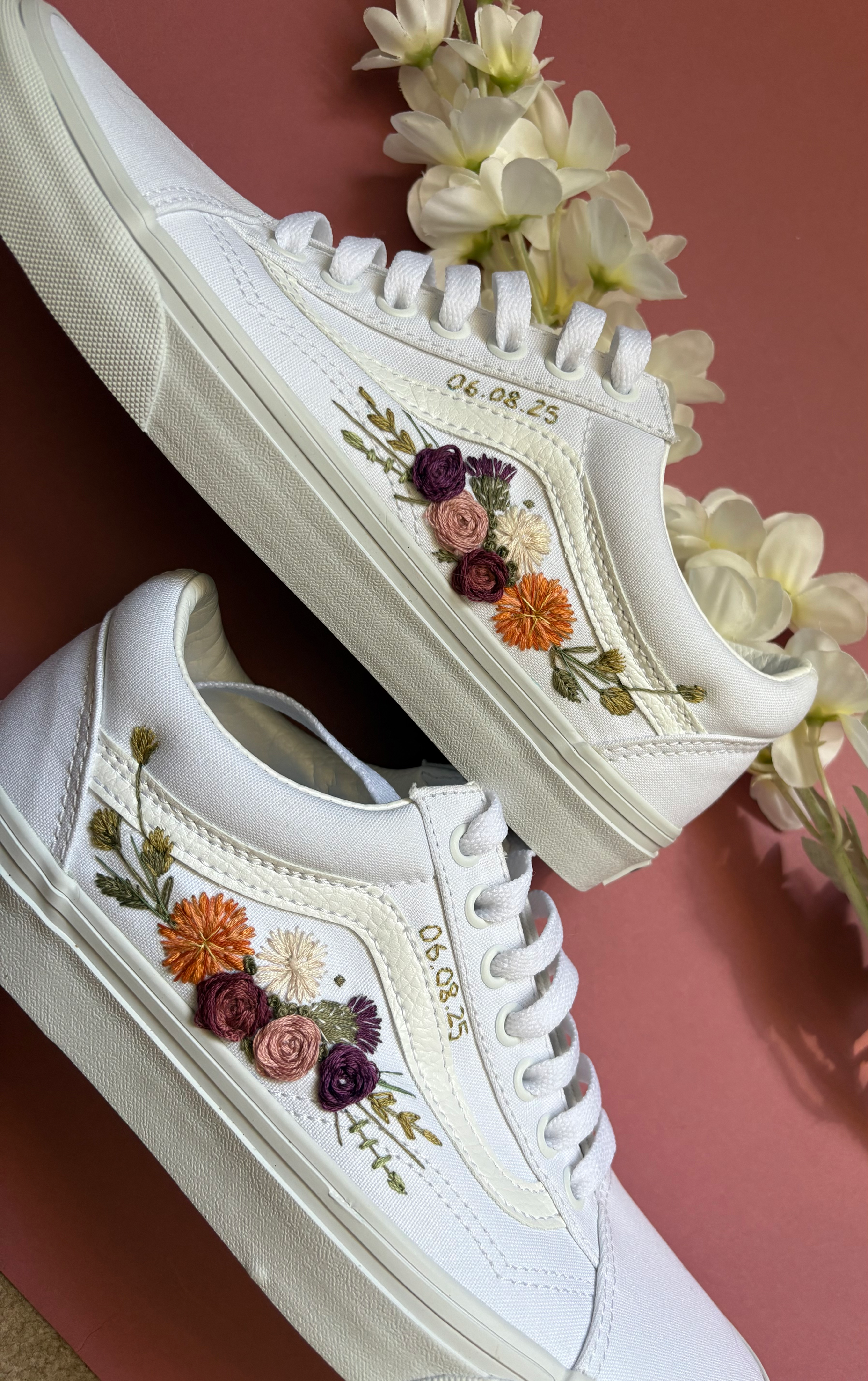 OrangE, purple and cream bridal wedding vans, OLD SKOOL VANS