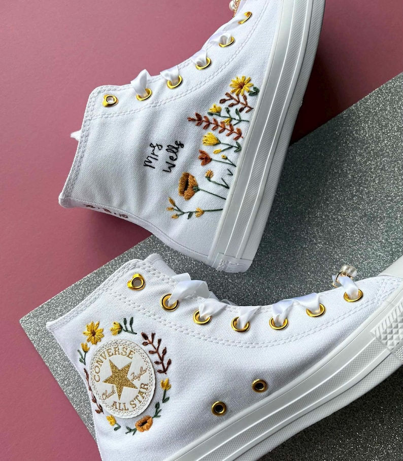 Miniature : Embroidered Bridal Converse High Tops, Egret Cream Eucalyptus Shoes