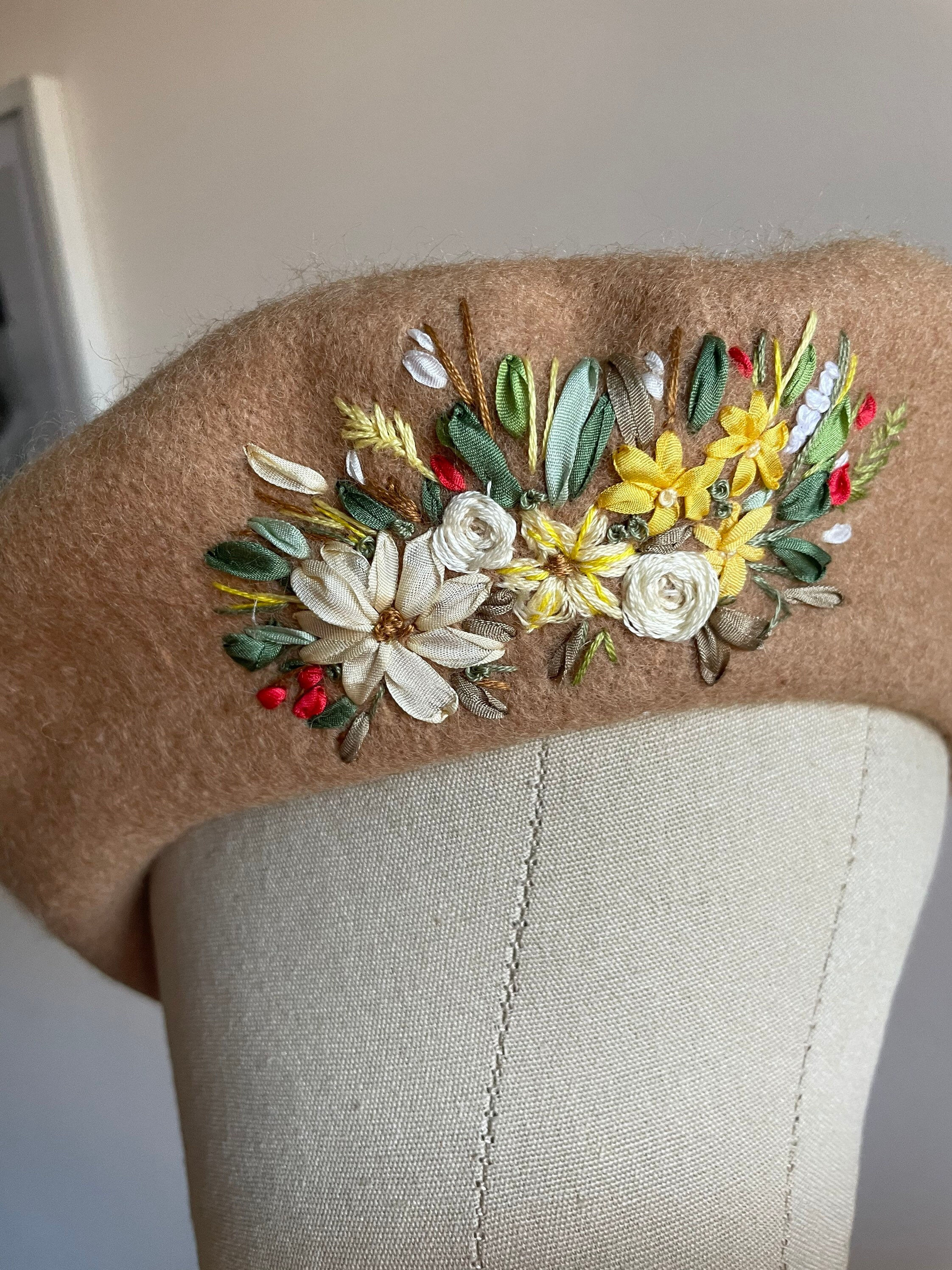 Hand embroidered beret, silk ribbon flowers, 100% wool beret with pure silk