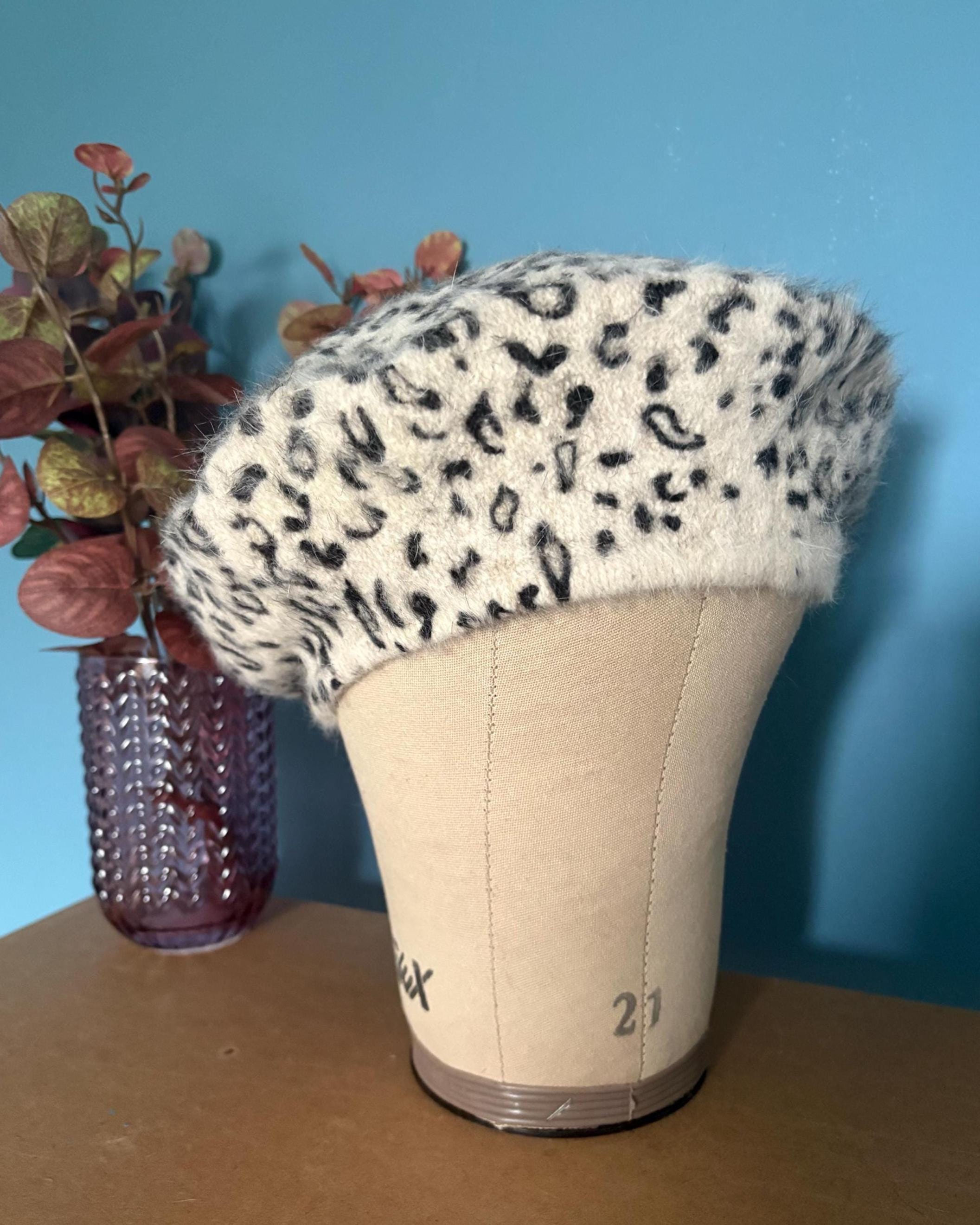 Beige Leopard Print Angora Mix Beret, French Style Hat