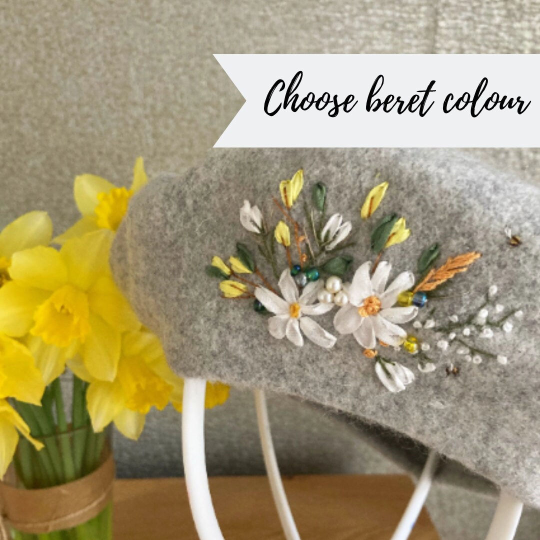Hand embroidered beret, silk ribbon flowers, 100% wool beret with pure silk