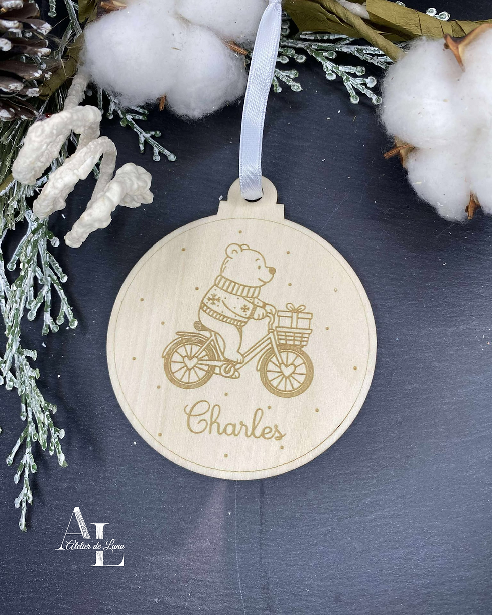 BOULE DE NOEL, BOULE DE NOEL OURS EN VELO, ORNEMENT DE NOEL, DECORATION DE NOEL, SAPIN DE NOEL