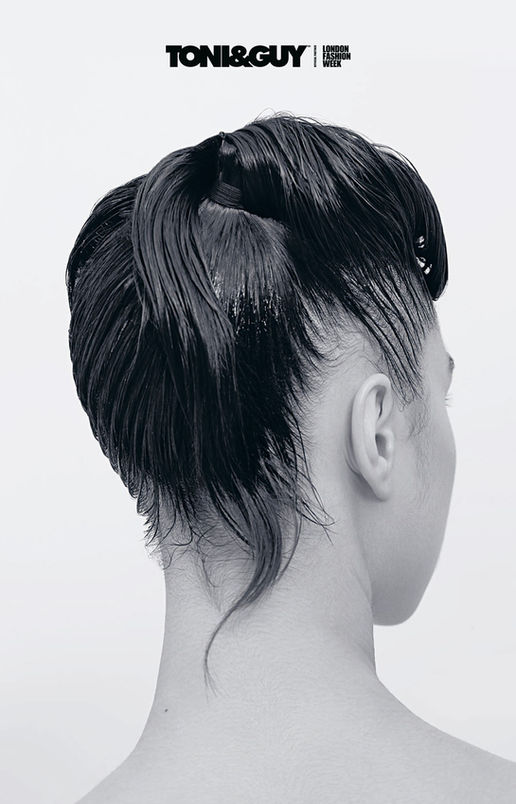 A photograph of a models back of her hair, with her hair slickly coiffeur into place