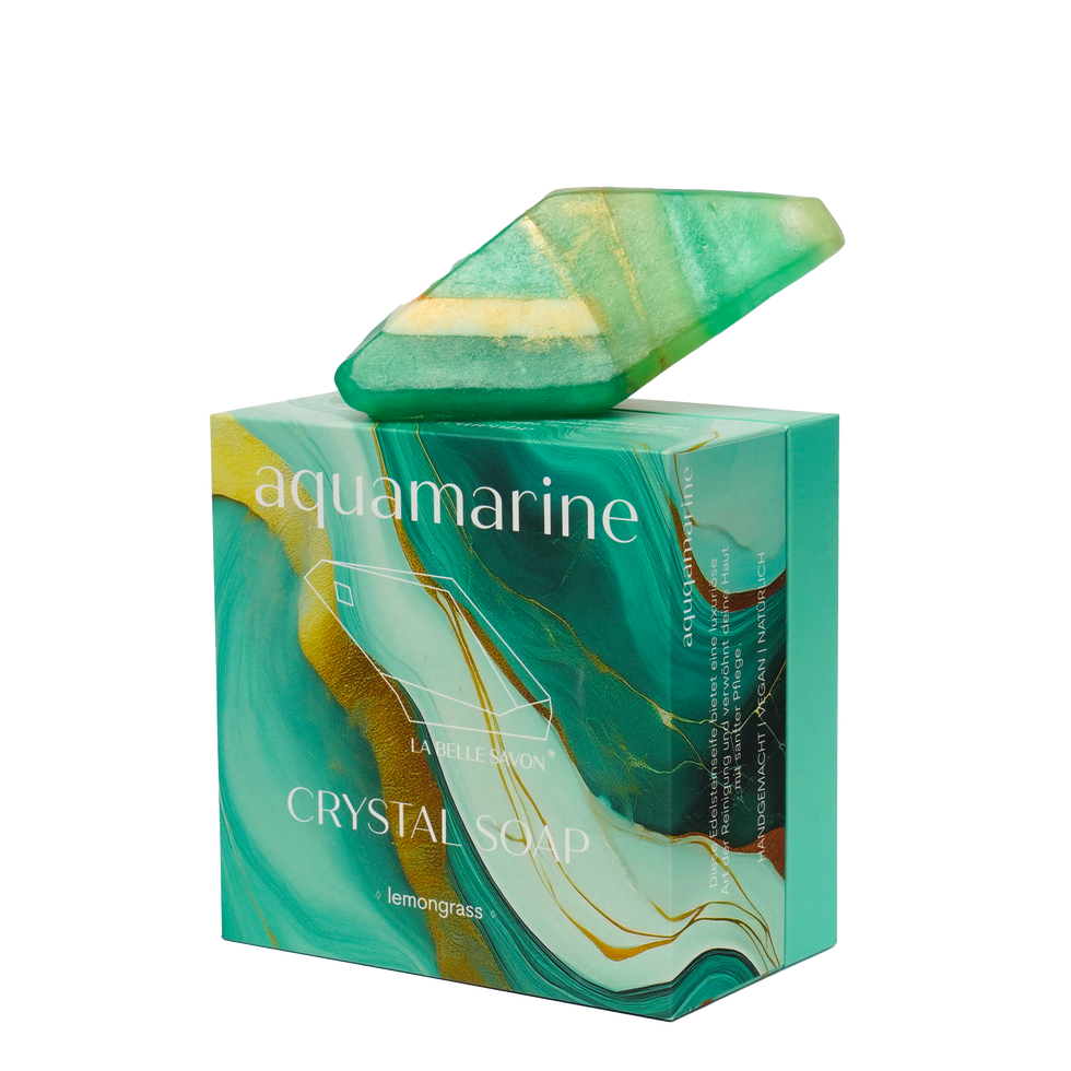 Aquamarine-Edelsteinseife von LA BELLE SAVON® in edler Verpackung, mit echtem Aquamarin und erfrischendem Zitronengras-Duft.