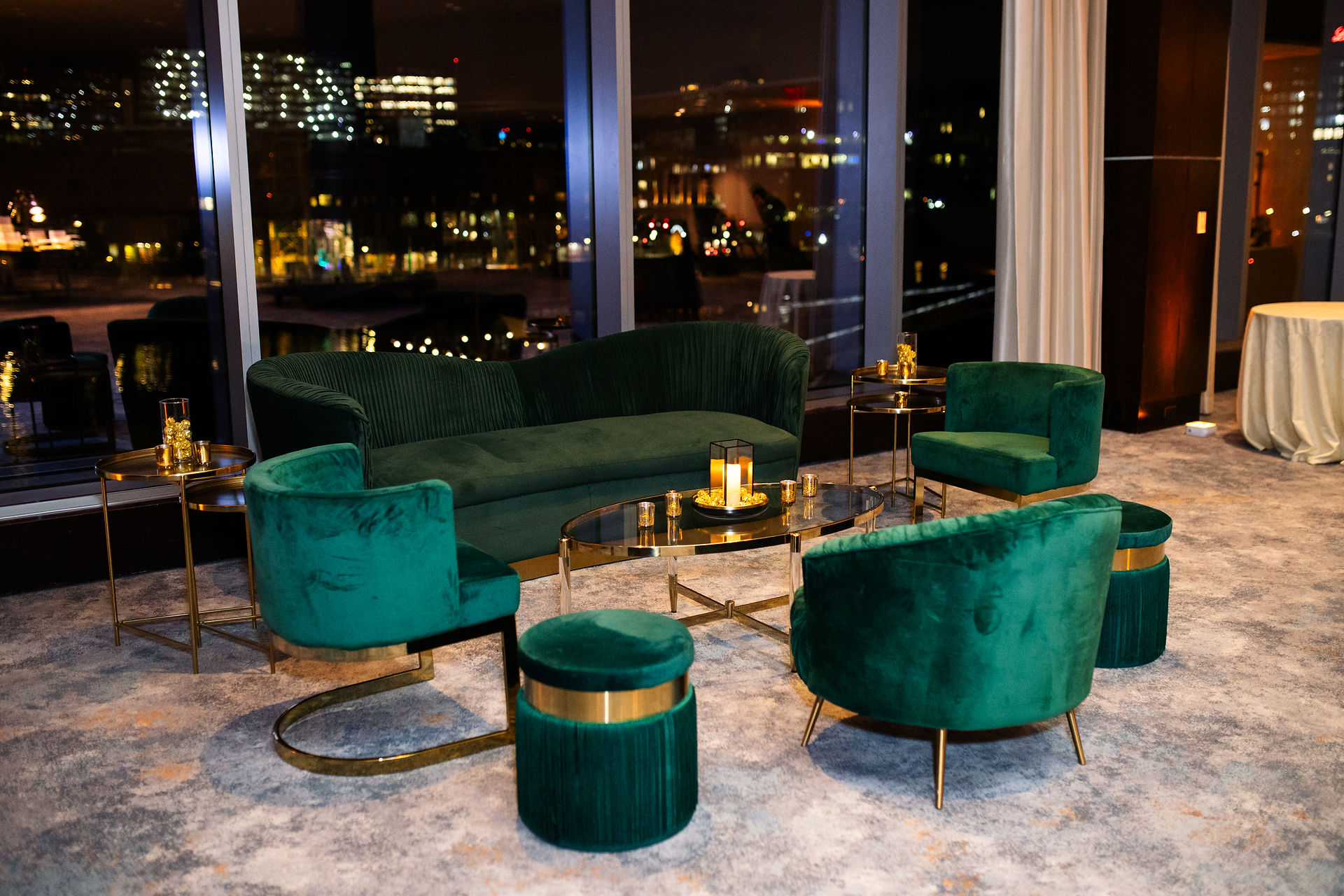 A comfortable lounge space within the Rose Kennedy Ballroom.
