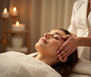 A serene spa treatment room with soft lighting, showcasing a comfortably reclined client r